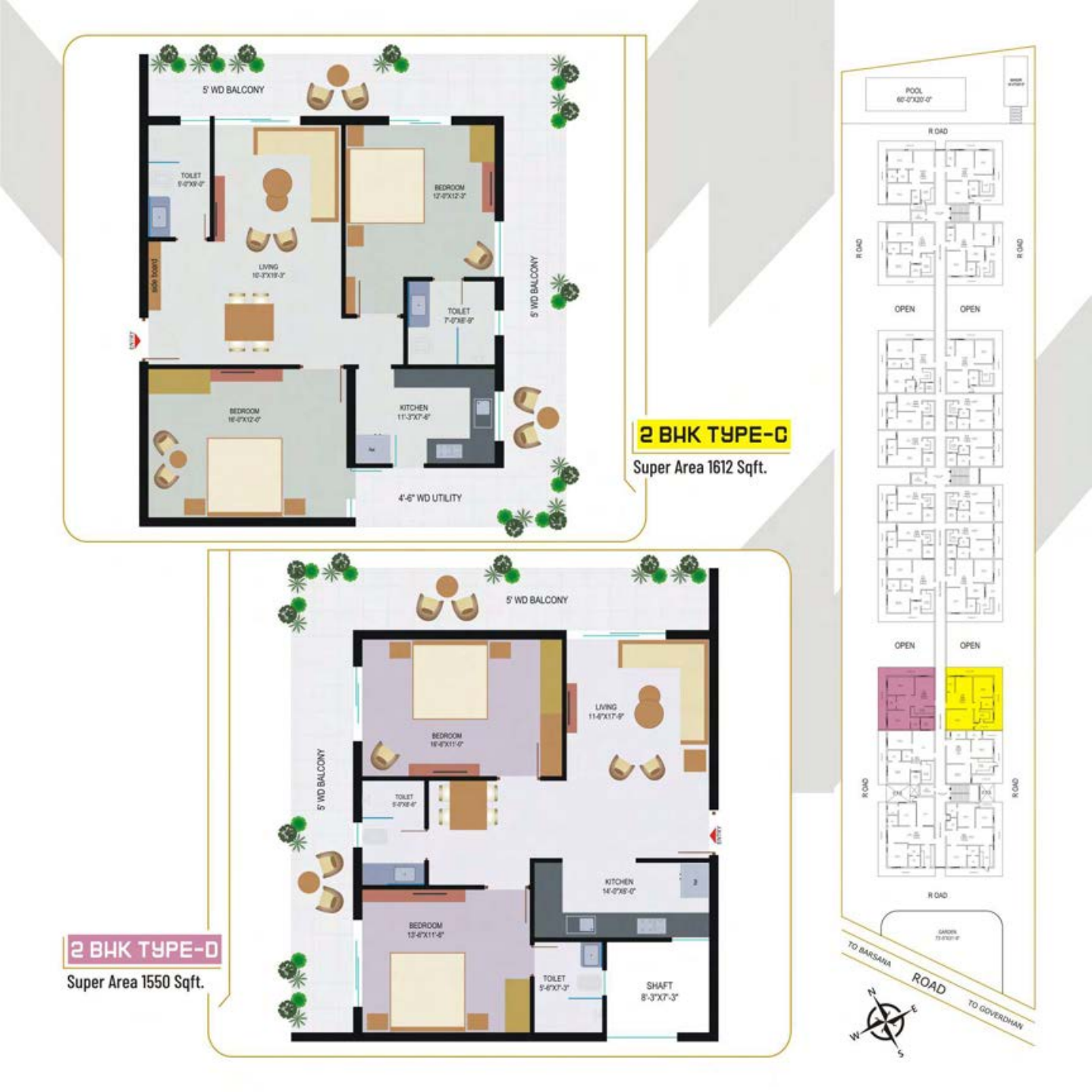 2 BHK Type C and D floor plan